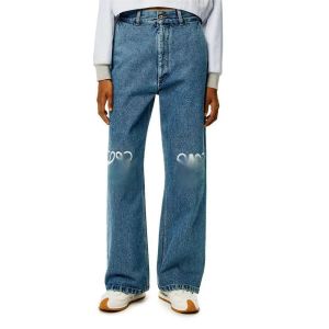 Designer dames jeans hoge taille uitgeholde borduurwerk loewe lange broek broek broek decoratie zipper vlieg casual blauw rechte denim broek ongedefinieerd