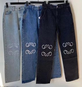 Designer dames jeans hoge taille uitgeholde borduurwerk loewe lange broek broek broek decoratie zipper vlieg casual blauw rechte denim broek ongedefinieerde luxe jeans 3 kleur