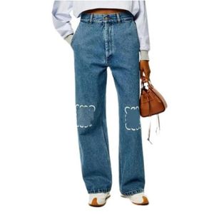 Designer Femmes Jeans Taille haute Creux Broderie Pantalon long Pantalon Décoration Zipper Fly Casual Bleu Droit Denim Pants239f