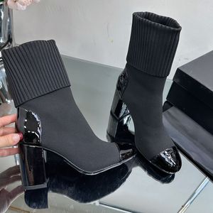 Diseñador para mujer de punto botas de tobillo de lana elástica tacones gruesos 8,5 cm resbalón en calcetines bota de nieve señoras clásico negro zapato de ocio niñas lujos con bolsas de polvo con zapato de vestir