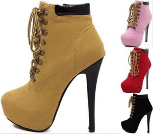 Designer-Womens Lace Up High Heel Bottines Bottines Stiletto Platform Almond Toe Shoes Taille 35 à 40