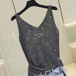 Designer Dames P-ra Tanks Camis Strass Gebreid Dieptepunt Shirt Mouwloos Heldere Zijden Vest Tops Voor Vrouwen Groothandel
