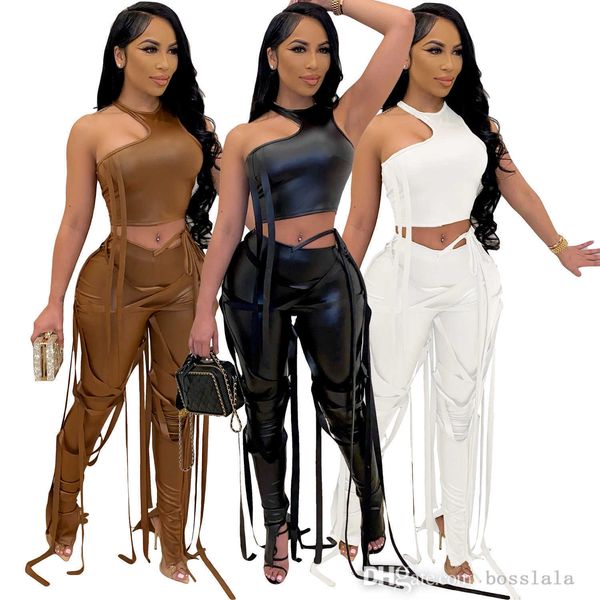 Designer Femmes Pantalon Costume Sexy Bandage Ensemble Halter Évider Crop Tops En Cuir PU Jogger Ensembles Rock Style Discothèque Porter 2023