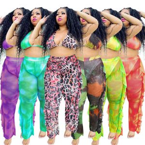 Womens Plus Size Badsuits Mesh Tie Dye Sexy Bikini Pak Vleesde Push Up Bra Halter Top en Wide Pen Broek Tweedelige Set Badmode