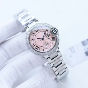 Reloj de cuarzo de diseñador para mujer, 33 mm, diamante, esfera rosa romana clásica, burbuja de ojo de pez, reloj con espejo de zafiro doble, caja de acero inoxidable 316, 30 metros de profundidad, resistente al agua