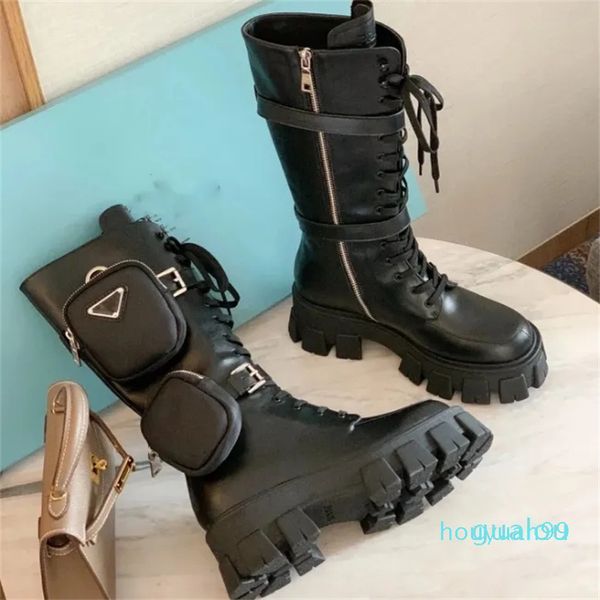 Designer -Chaussures pour femmes Bottes mi-mollet à lacets à talons épais avec poche portefeuille 34-42