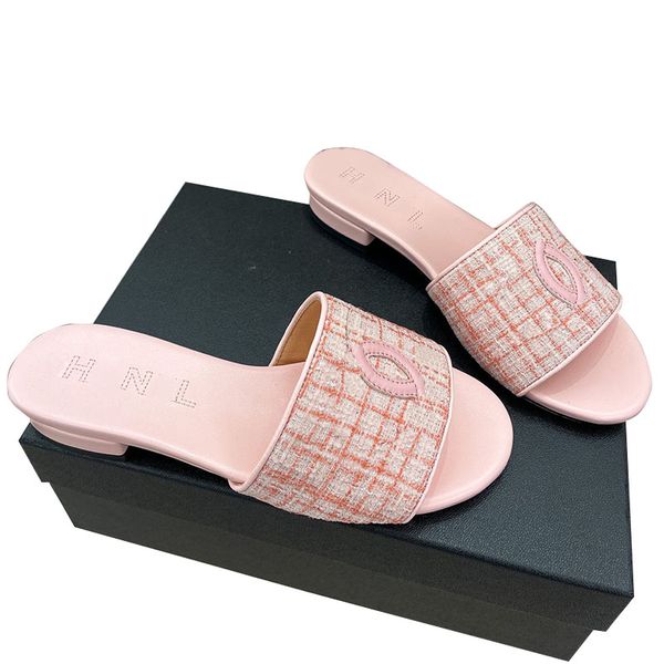 Diseñador Slippers para mujeres Tacones planos Sandalias de dedos redondos Bordado deslizante con mulas Slip-On Tweed Beach Beach Shouties Gran tamaño 41 Purple Pink Black Mule