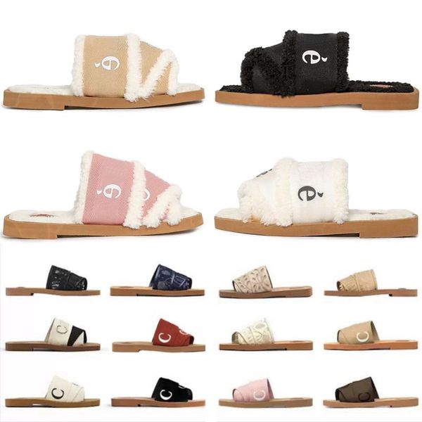 Zapatillas de diseñador para mujer mullidas mulas planas diapositivas beige blanco negro rosa encaje letras lienzo piel borrosa Verano invierno zapatos para el hogar mujeres famosas sandalias