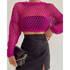 Designer dames trui gebreide flare mouwen losgelegen ronde nek hol uit trui sexy mode roze kleren 1228