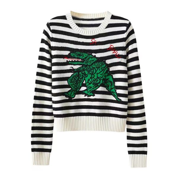 Sweaters para mujer de diseñador bordado bordado dinosaurio lana de manga larga tejido sweed sudord rayado caca lo suelta colus