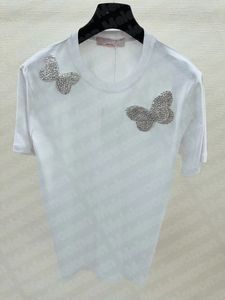 Designer dames tops met korte mouwen, handgemaakte kralen vlinderdecoratie wit T-shirt