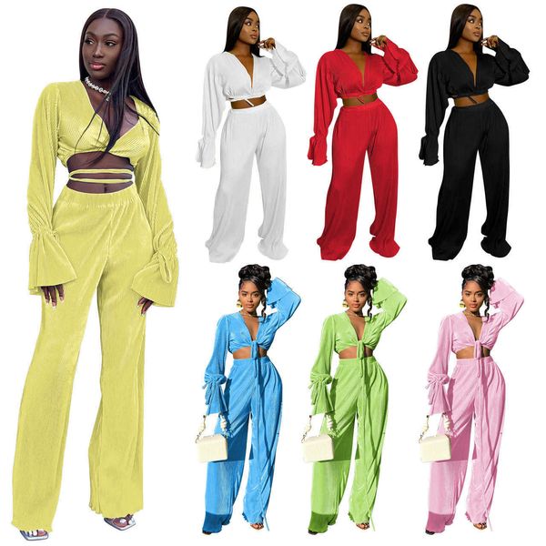 Designer Femmes Survêtements 2023 Printemps Automne 2 Pièces Pantalon Ensemble Crop Top Couleur Unie Presse Plissé À Lacets Pantalon Large Deux Pièces Ensembles Femme Vêtements