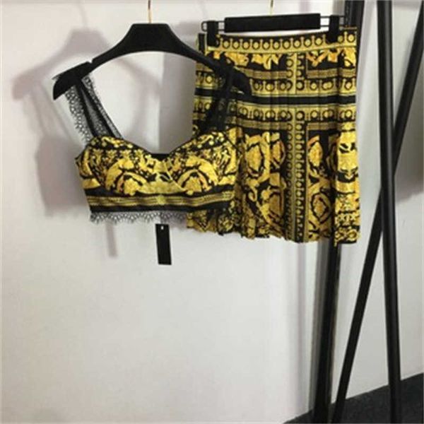 Diseñador para mujer dos vestidos top halter de encaje de estampado floral vintage y cintura alta plisada media falda de 2 piezas ropa de mujer