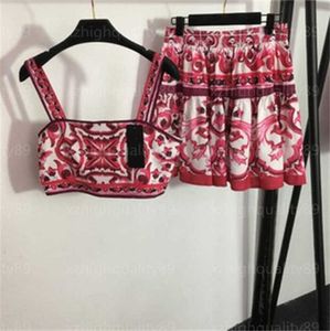 Diseñador para mujer Chaleco Faldas Conjunto de dos piezas Vintage Estampado floral Camisola Tanque Cremallera invisible Midriff Falda corta Moda Medio vestido Ropa de mujer 55