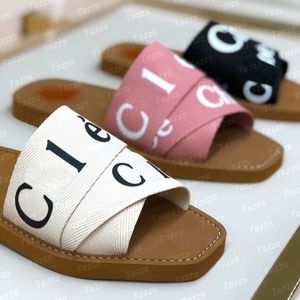 Designer Woody Flat Mule Femmes Sandals Place Pantres de plage Summer Toile Slides Denim Broidered Falfroproof Luxury confortable Tissu Fabric 35-42