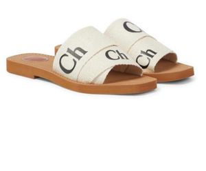 Designer Woody sandales pour femmes Mules diapositives plates Dentelle beige clair Lettrage Tissu toile pantoufles femmes chaussures de plein air d'été