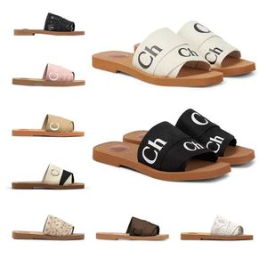 designer Woody sandales pour femmes Mules diapositives plates Light tan beige blanc noir rose dentelle Lettrage Tissu toile pantoufles femmes chaussures de plein air d'été