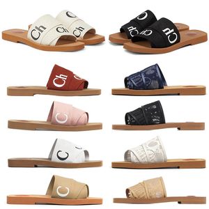 Ontwerper Woody Slippers Sandalen Slides Sliders Voor Vrouwen Muilezels Platte Slide Light Tan Beige Wit Zwart Roze Kant Letters Stof Canvas Vrouw Slipper Slider Sandaal