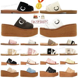 Designer Woody Pantoufles Sandales Diapositives Sliders Femmes Mules Plate Slide Tan Beige Blanc Noir Rose Dentelle Lettrage Tissu Toile Femme Pantoufle CHIOE CLOE Scuffs