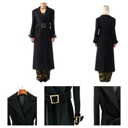 Designer wollen jas vrouwen trench jas ongedefinieerde revers nekgordel vaste kleur conventionele zakelijke zakelijke formele zwarte s 2xl lange jas vrouwen droge mantel zakelijke pakken voor vrouwen