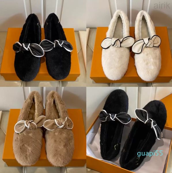 Designer Laine Pantoufles Femmes En Peluche Paresseux Mocassins Solide Couleur Flip Flop Hiver Chaud En Caoutchouc Antidérapant Bas En Cuir De Mouton À La Mode