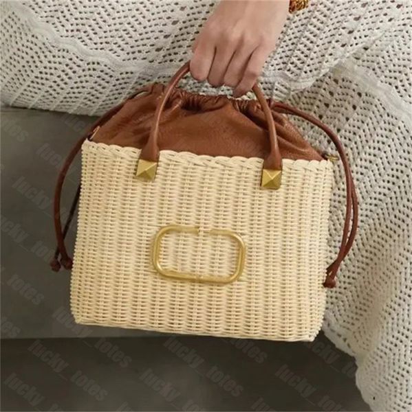 Bolso de mano tejido de diseñador para mujer, cesta tejida de bambú de lujo, bolsos de cubo con cordón, bolso cruzado, bolsos de compras de playa con tachuelas