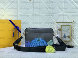 Designer YK Trio Messenger Bag Sac à bandoulière en cuir de luxe pour homme avec monogrammes imprimés floraux – Thème citrouille inspiré par l'artiste pour un usage quotidien