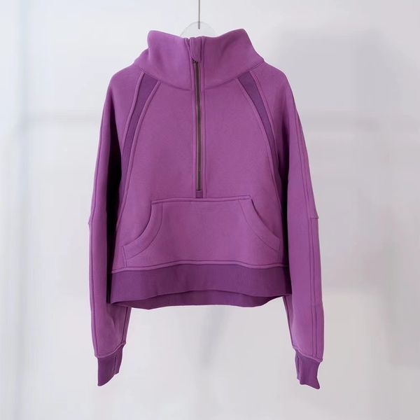 Diseñador de yoga con capucha para mujer Plus Velvet Lavender Impresión de letras Engrosamiento deportivo Caqui Gris media cremallera suéter de felpa suelta ropa corta sudadera serie S-XL