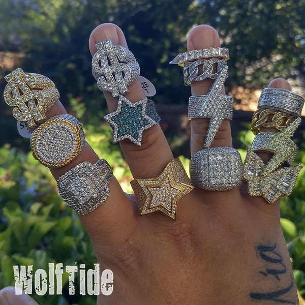 Designer 18k Gol blanc pentagram hip hop ring mens baplently bling cubic zirconia gars complet diamant iced out sort cz baguette étoile joelry bijoux bijoux for bo