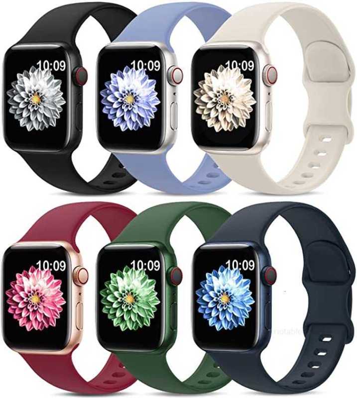 6er-Pack Designer-Sportarmbänder, kompatibel mit Apple Watch-Armbändern 40 mm, 44 mm, 38 mm, 45 mm, 42 mm, 41 mm, weiches Silikonarmband, kompatibel mit Apple Watch Series 7, 6, 5, 4, 3, 2, 1 SE, Herren und Damen