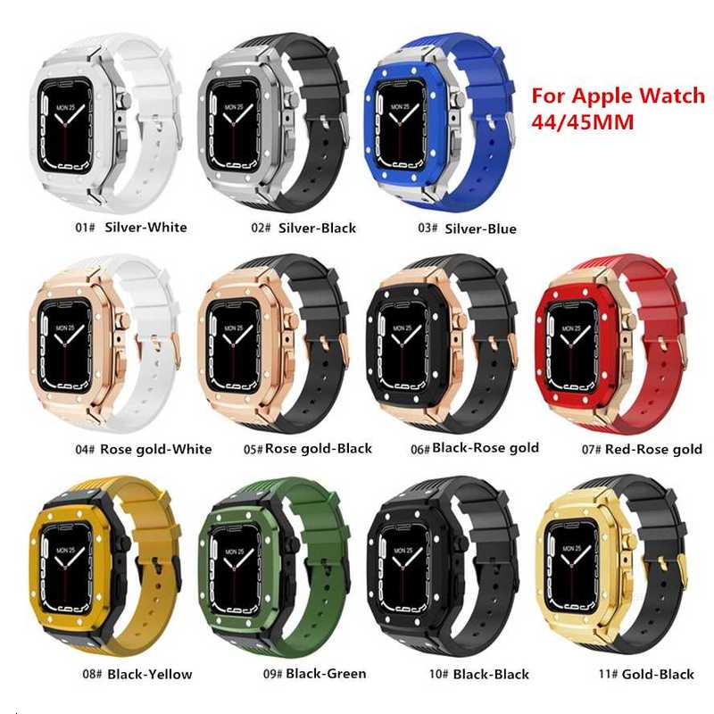 Designer Alloy Frame Case Fit Silicone Watchband Straps Band Smart Wearable Acessórios para Apple Watch Series 3 4 5 6 7 SE iWatch 44 45mm designerTQAHTQAH