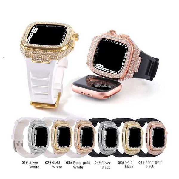 Designer Diamond Incrusted Case Liquid Silicone Integrated Fashion Cover fit Strap Band Bracelet Sangles Bandes Bracelet de montre pour Apple Watch Series 4 5 6 7 8 iWatch 44mm 45