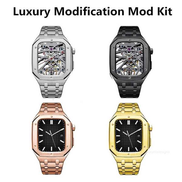 Diseñador Modificación de lujo Mod Kit Enlace Pulsera Correas AP Armadura Caja integrada Correa de reloj Cierre de mariposa Banda de acero Fit iWatch Series 8 7 6 SE 5 4 para Apple Watch 44