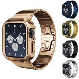 Boîtiers de luxe en TPU pour galvanoplastie Bracelets en acier inoxydable Bandes de maillons de chaîne en bambou Fermoir papillon Bracelet de protection pour Apple Watch 3 4 5 6 7 8 Taille 42 44 4