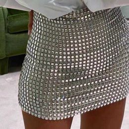 Designer Strass Mini Rokken Voor Vrouwen Kleding Sexy Split Zien Door Hol Glanzende Kristallen Diamanten Effen Rokken designerLW5A