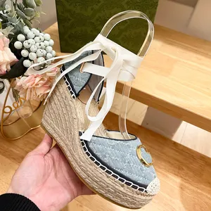 Ontwerpers denim canvas dames wigplatform sandalen espadrille schoenen real lederen enkel veter matelasse espadrille dames hoge hiel 10 cm maat 35-41 met doos 10a