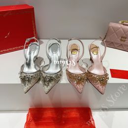 Designers habille des chaussures strass des femmes pompes Crystal Bowknot Satin Summer Lady Shoes Geatine Leather High Heels Party Prom Shoe avec boîte