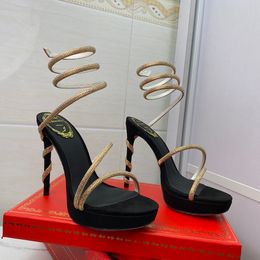 Diseñadores Tacones Plataforma Sandalias Zapatos de vestir para mujer Tacón alto Tobillo Envolvente Zapato Embellecido Serpiente sexy Strass Stiletto 12 cm Fábrica de lujo con caja