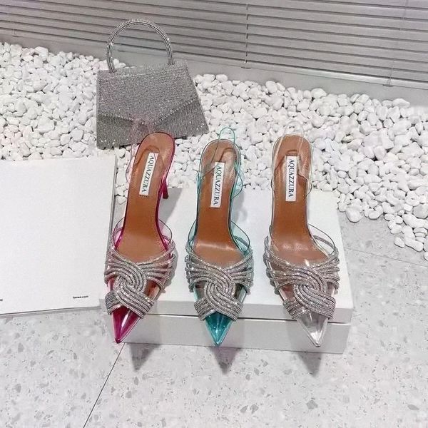 Diseñadores Tacones Sandalias Zapatos de vestir Suela Sandalia Tacones rojos Tacones Crysta Hebilla Fiesta Boda Tacón Sexy Correa trasera 100% Cuero Aquazzura 2022 P5Bf #