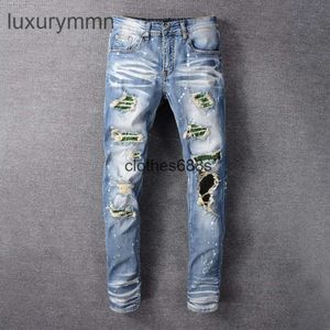 designers jeans amirrss pantalon masculin tendance marque de mode de mode bleu clair trou de peinture en diamant incrusté jeans à pattes serrées élastiques 613 8ndg