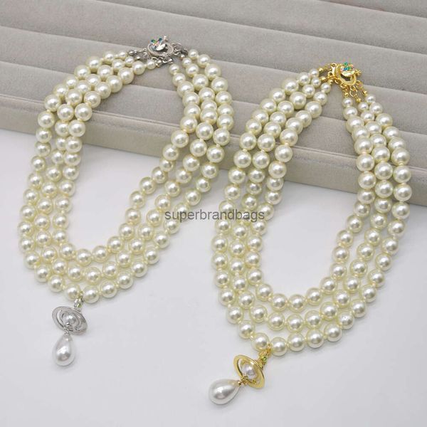 Diseñadores Joyas Vivienne Empress Dowager Xis tres filas de cadenas de perlas Gotas de agua Collares de Saturno tridimensional Collares Highend