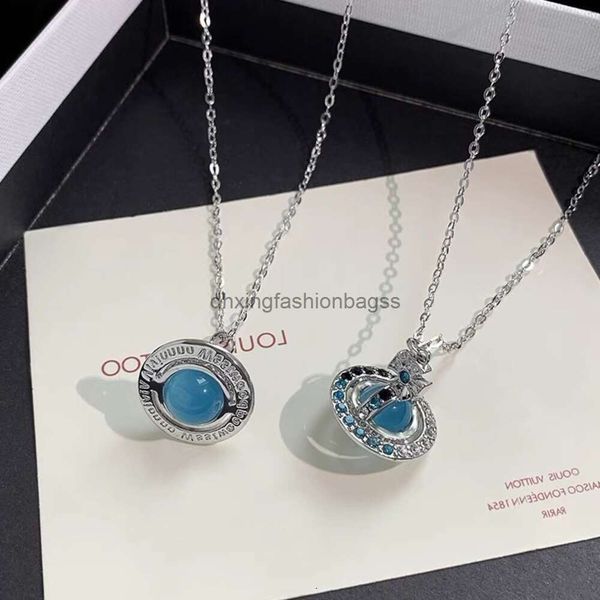 Bijoux de créateurs Vivienne Version haute UFO Boule de verre en cristal bleu Saturn Collier Western Empress Dowager 3D Blue Earth Planet Collier Femme