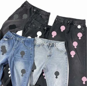 Diseñadores Lady Jean Sanskrit Cross Letter Prints Estilo largo Corazones Chrome Girl Pantalones rectos Heart Letter Prints para mujeres