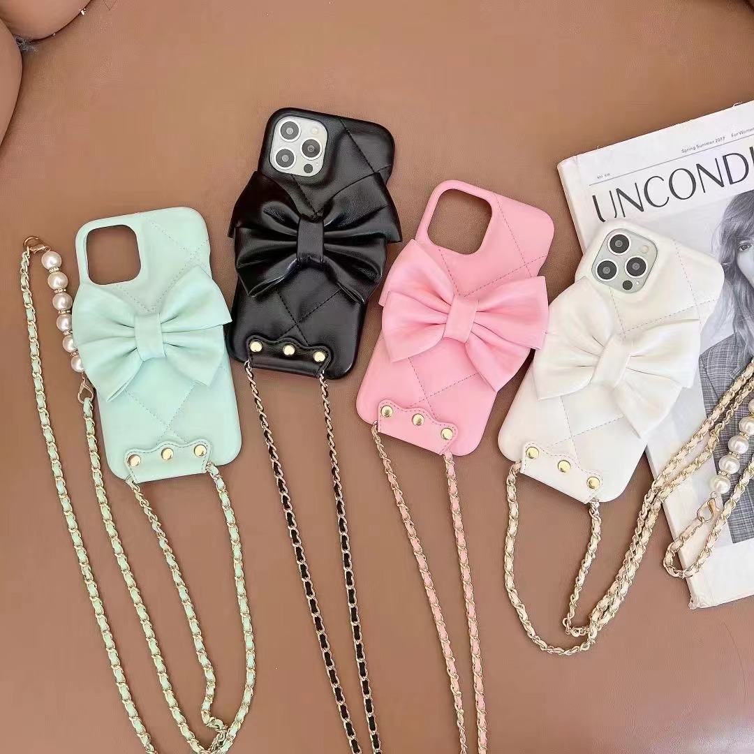 مصممي Luxurys هاتف Casein Burga Cases Cell for iPhone7/8 11 11pro 12 12pro 13 14 Simple Leanle Lanyard Three-Dimensional Bow Case for iPhone14Promax