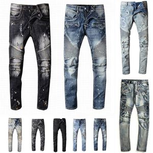 Ontwerpers Heren Jeans Distressed Ripped Biker zwangerschapsbroek Slim Fit Motorcycle Bikers Denim voor herenmode Mans zwarte broek po206x