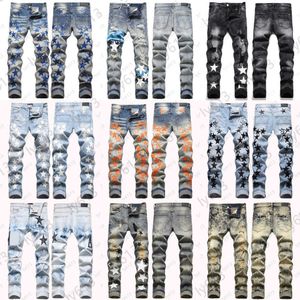 Ontwerpersbroeken Amirs Jeans voor heren High Street Hip Hop Ripped Jean Pant Mode Patroonprint Stretch Slanke broek Knappe designerjeans