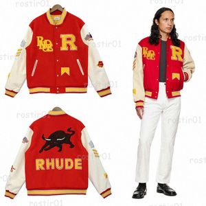 Designers Rhudes Red High Street Varsity Rhude Basketball Puffer Jacket Lettre Patch Lettres brodées et lâche Splicing Bomber Jacket Sweat à capuche Jacke 05Rh #