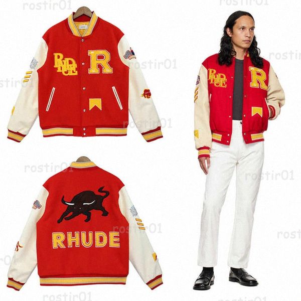 Designers Rhudes Red High Street Varsity Rhude Basketball Puffer Jacket Lettre Patch Lettres brodées et épissage lâche Bomber Jacket Sweat à capuche Jacke 22 #