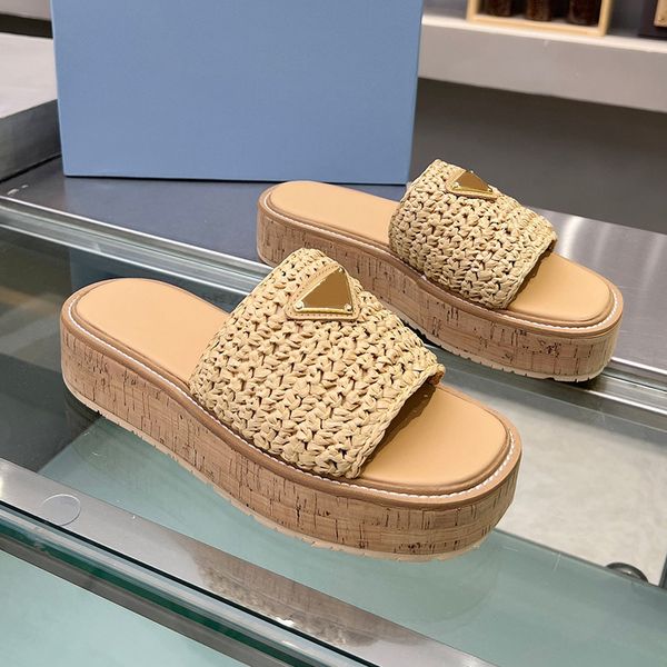 Sandales à semelles compensées en Crochet pour femmes, pantoufles de styliste, pantoufles d'été tissées, Mules de paille de plage pour maison