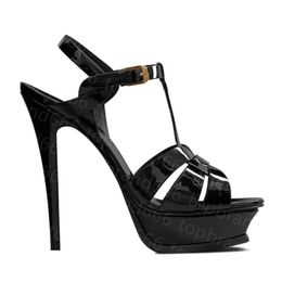 Designers Sandals Platform Talon Chaussures pour femmes Cow Hide Perme Modèle en cuir breveté 13cm Chaussures robes à talon haut 35-42